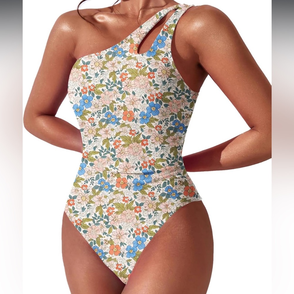 🚘Beilon One-Shoulder Floral Swimsuit 1  piece tummy control modest full coverage